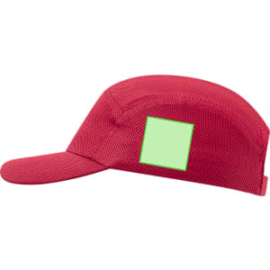 A red mesh cap with a flat brim and a blank rectangular space on the side for branding.