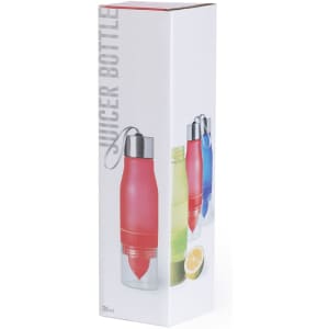 A drink bottle in a red colour with a silver cap, displayed in a tall box featuring various bottle designs.