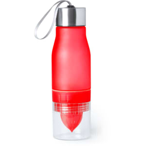 A drink bottle in red with a clear lower section and a silver cap, featuring a logo.