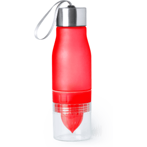 A drink bottle in bright red with a transparent base and a silver top, featuring a logo.