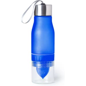A drink bottle in blue with a grey lid and a built-in juicer at the base. It features a wrist strap and branding.