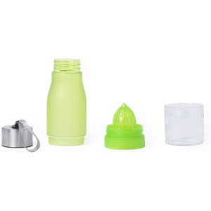 A drink bottle in bright green, featuring a removable citrus juicer top and a clear cap, with a silver attachment.