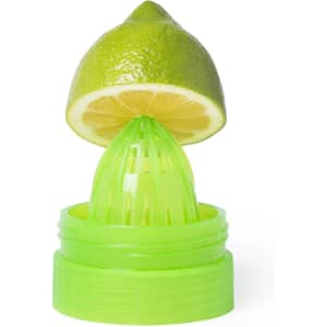 A drink bottle in bright green featuring a citrus juicer with a halved lime on top, designed for easy juice extraction.