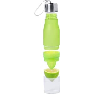 A green juicer bottle with a detachable citrus juicing component and a clear base, featuring a logo on the lid.