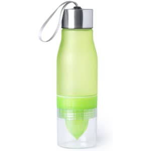 A drink bottle in vibrant green with a clear base, featuring a silver lid and a built-in juicer.