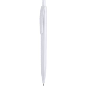 A white plastic pen featuring a clip and a smooth barrel. It has a simple design and includes branding.