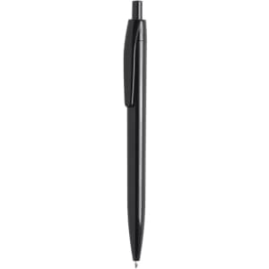 A black plastic pen with a click mechanism and a clip on the side. It features a logo on its body.