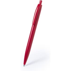 A red plastic pen with a click mechanism and a small logo on the side.