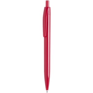 A red plastic pen with a clip and a generic branding logo on the body.
