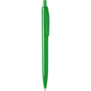 A green plastic pen with a clip. The pen features a sleek design and has a logo on it.
