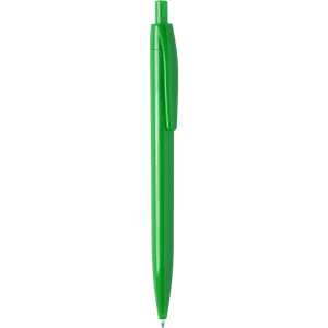 A green plastic pen with a click mechanism and a pocket clip, featuring a branding logo.