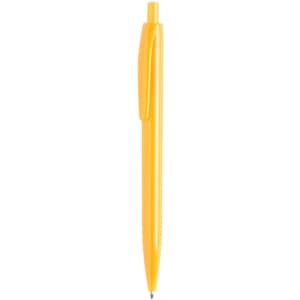 A yellow plastic pen with a clip and a smooth barrel. It features a logo on the side.