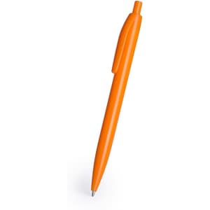 An orange plastic pen with a click mechanism and a rounded tip, featuring a smooth finish.