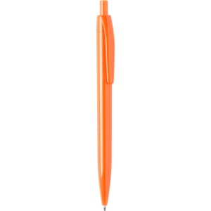 An orange plastic pen with a clip and a retractable tip. It features a small logo on the side.