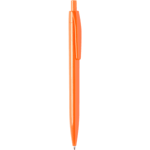 An orange plastic pen with a clip and a silver tip, featuring a branding logo.