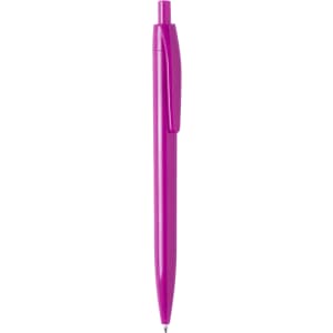 A plastic pen in a vibrant pink colour with a clip and a logo on it.