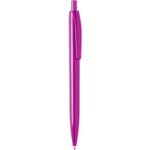 A plastic pen in vibrant purple with a clip and a rounded tip, featuring a logo on the barrel.