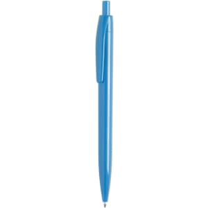 A blue plastic pen with a smooth finish and a clip for attachment. The pen has a logo on its body.