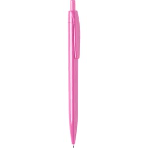 A plastic pen in vibrant pink, featuring a clip and a fine-tip point, with a logo on the side.