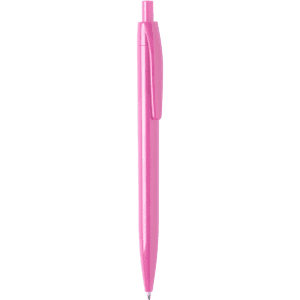 A pink plastic pen with a clip and a pointed tip, featuring a branding logo.