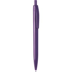 A plastic pen in a vibrant purple colour, featuring a clip and a branding logo.