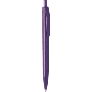 A purple plastic pen with a clip and a rounded top, featuring a logo.