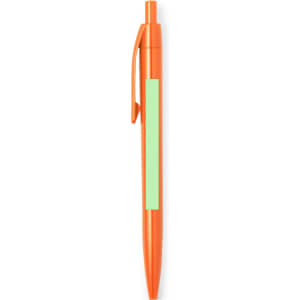 An orange plastic pen with a clip and a blank area for branding or labels.
