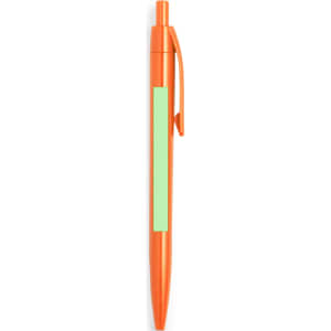 An orange plastic pen with a clip and a blank green section for personalisation.