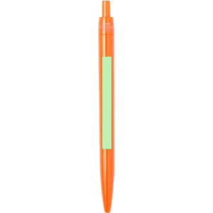 An orange plastic pen with a green section, featuring a logo.