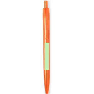 An orange plastic pen with a green accent and a logo.