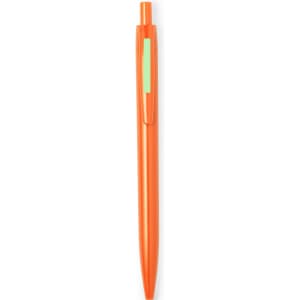 An orange plastic pen with a mint green clip and branding on the side.