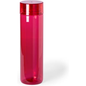 A drink bottle in vibrant red, featuring a sleek design and a lid, with a visible logo.
