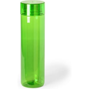 A drink bottle in bright green, featuring a sleek design and a fitted cap. Includes a logo.