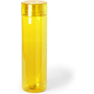 A drink bottle in bright yellow with a wooden lid and a sleek, tall design. It features a logo on the surface.