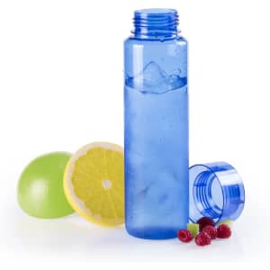 A drink bottle in blue, featuring ice and accompanied by lemon, lime, and raspberries. It includes a branding logo.