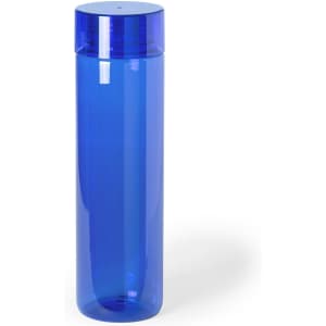 A drink bottle in bright blue with a transparent body and a matching lid, featuring a logo on the side.