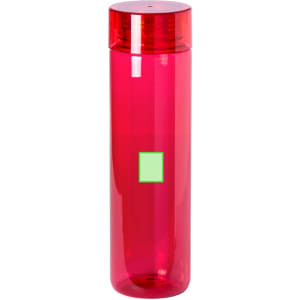 A drink bottle in bright red with a clear body and a green square on the front. It features a logo on the cap.