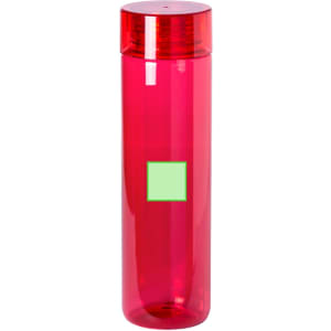 A drink bottle in vibrant red with a clear body and a green label area. It features a screw-top lid and a simple design.