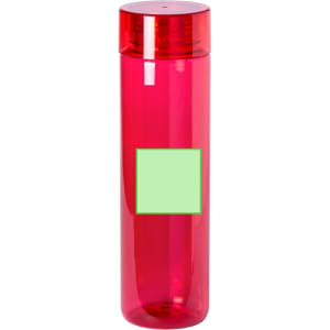 A drink bottle in bright red with a transparent body and a green label area. Features a lid and a branding logo.