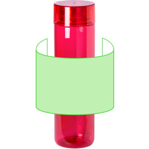 A drink bottle in vibrant red with a clear lid, featuring a green label wrapped around its body.
