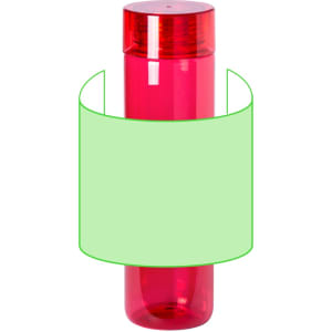 A drink bottle in vibrant pink with a rounded body and a screw-on lid, featuring a blank green label.