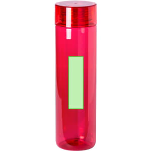 A drink bottle in vibrant red with a transparent section and a logo on the cap.