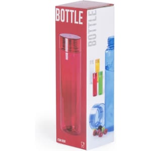A drink bottle in a transparent red colour with a shiny silver lid, presented in a packaging box featuring multiple colour options.