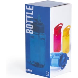 A drink bottle in blue packaging, featuring a clear bottle with a flip-top lid and assorted coloured bottles.