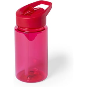 A drink bottle in vibrant red, featuring a flip-top lid and a built-in straw, with a logo on the side.