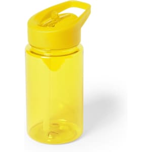 A drink bottle in bright yellow plastic with a lid and a built-in straw, featuring a handle and a logo.