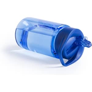 A drink bottle in translucent blue with a grey lid, partially filled with water. It features a spout for easy drinking.
