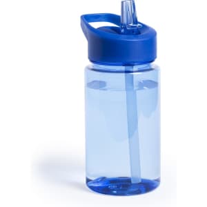 A drink bottle with a blue lid and straw, containing clear water. It features a logo on the body.