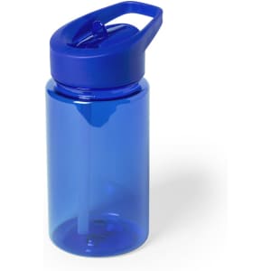 A drink bottle in translucent blue with a matching lid and a built-in straw. Features a handle and branding.