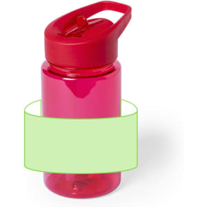 A drink bottle in bright pink with a red lid and handle, featuring a logo.